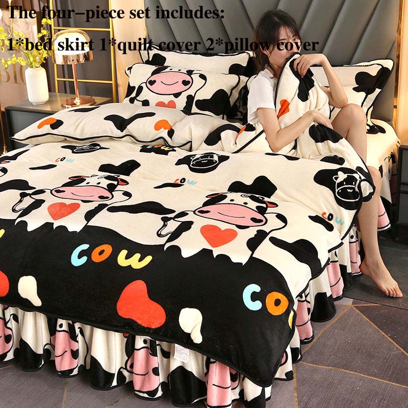 Thickened Four-piece Flannel Warm Gold Mink Fleece Bed Skirt Coral Fleece Suit Winter Double Bed Supplies