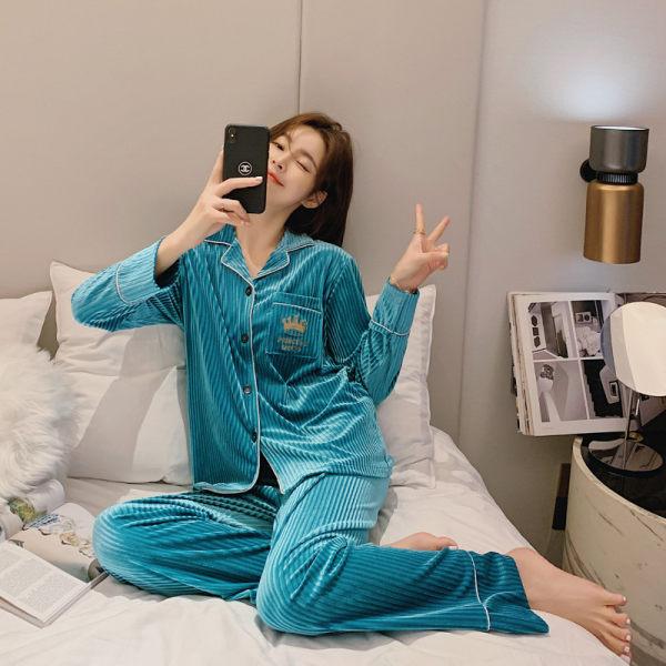 Women Pajamas Suit Winter Sleepwear Set Coral Velvet Thick Sleepshirt Homewear Long Sleeve Top and Pants Sets Turn-down Collar M-XXL