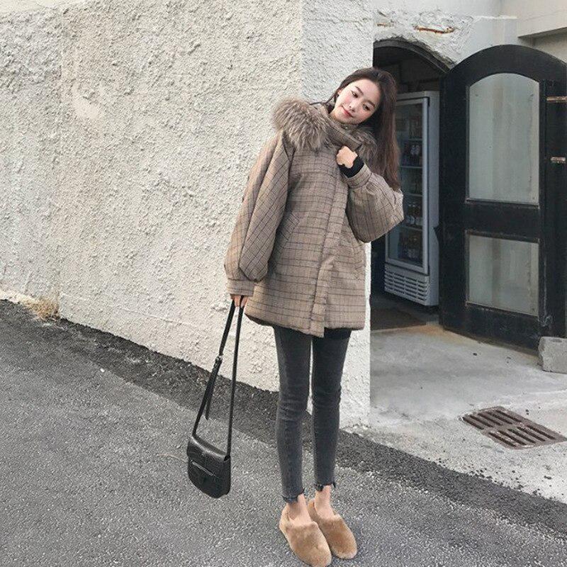 Fur Collar Women's Check Cotton Down Coat Parka Coat Plus Size Coat