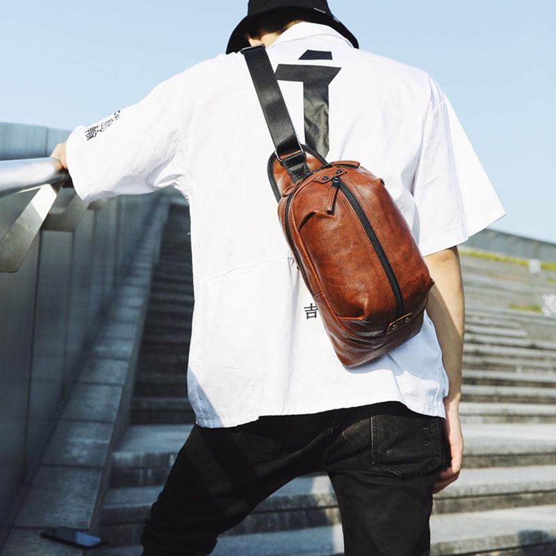 Chest Bag Men Coffee Large Capacity Multi-pocket Leather Shoulder Bag Outdoor Sports Pockets