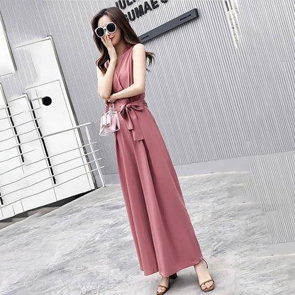One-piece Wide-leg Pants Women's Summer Leisure V-neck Slim-fitting Jumpsuit Suit Chiffon Fabric Light and Breathable Waist Slimming One-piece Suit