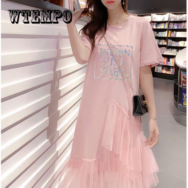 Women Mesh Patchwork Short Sleeve Ball Gown Elegant Casual A -Line Dresses O Neck Knee -Length Dress