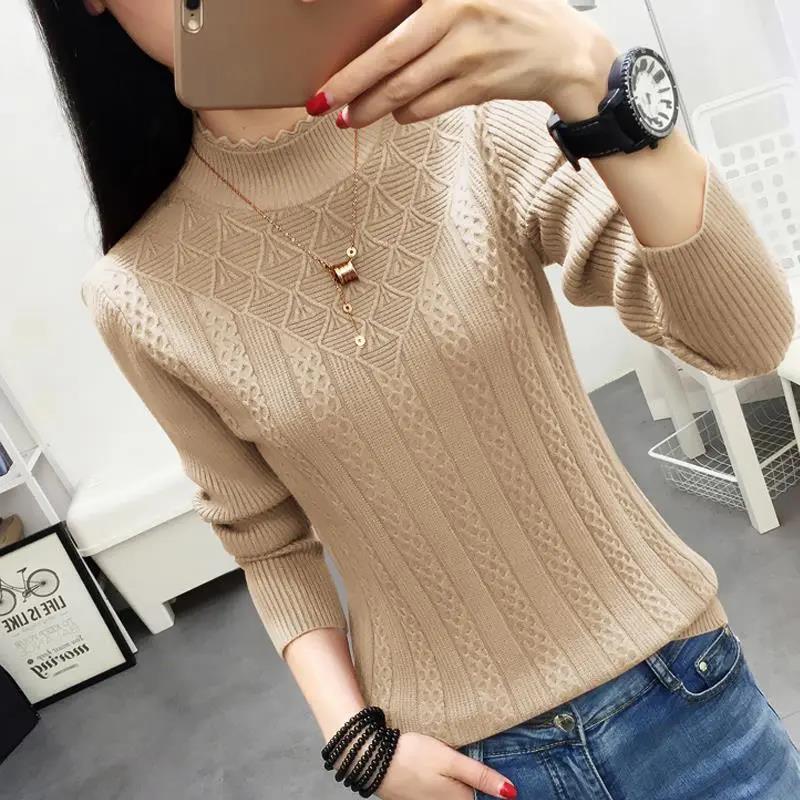 Women's Half Turtleneck Lace Sweater Solid Color Woven Long Sleeve Sweater Fashion Slim Fit Plus Size Sweater