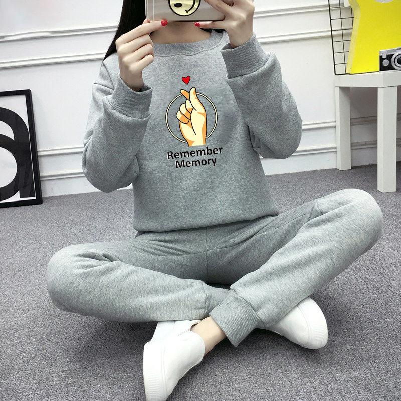 2pcs/set Women Fleece Liner Sweatshirt Tracksuit  Winter Casual Loose Jumper Plus Size  Outfits  Outwear