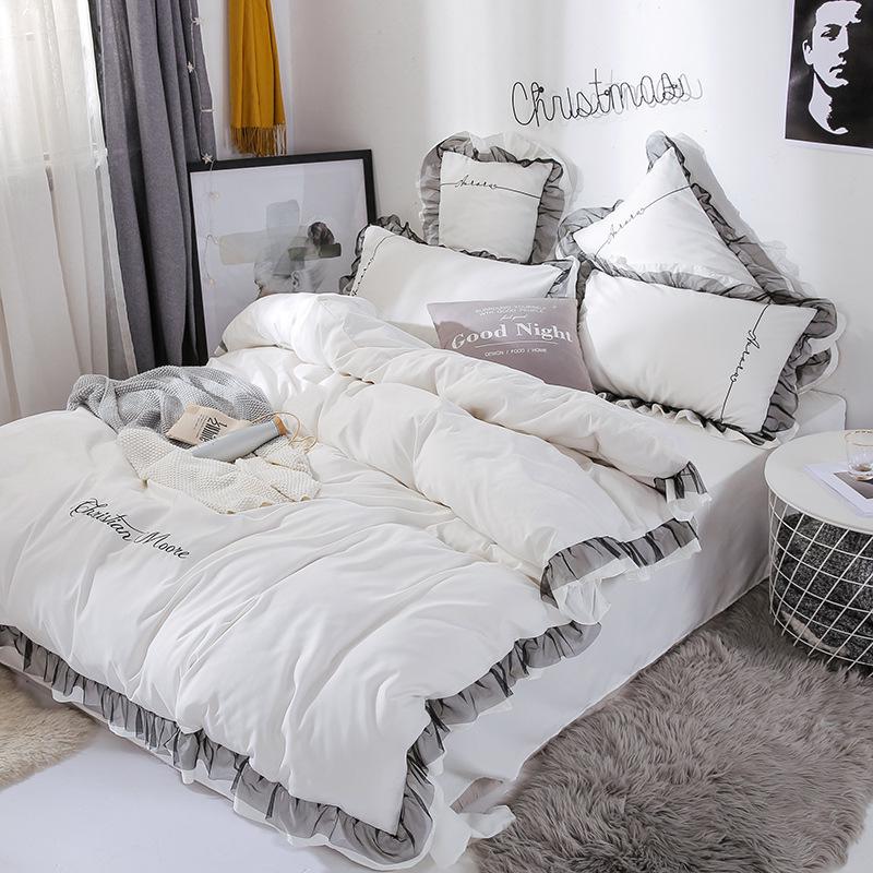 4 PCS Elegant Lace Cotton Bedding Set Bed Sheet Bed Cover Queen/king Size Solid Color Quilt Cover
