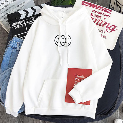 Smile Face and Sad Face Hoodie Aesthetic Sweatshirt Pullover Korean Style Streetwear Sweatshirt Long Sleeve Smile Sad Face Line Print Hood
