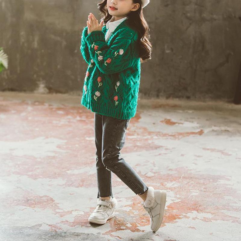 Fashion Long Sleeve Knit Cardigan Spring Slim V-neck Older Children Sweater Jacket