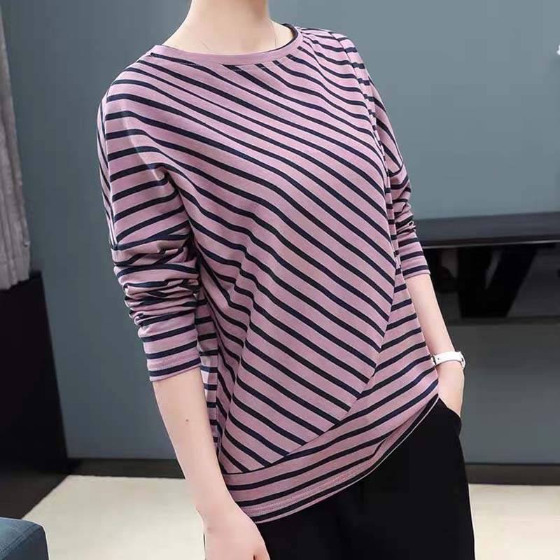 Women's Spring and Autumn Large Size T-shirt  Loose Bottoming Shirt Round Neck Striped Long Sleeve All-match Top