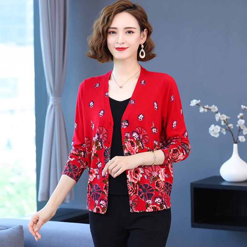 Vintage Print Knit Sweater V-neck Cardigan Sweater Ladies Loose Plus Size Wool Knit Sweater Coat Top