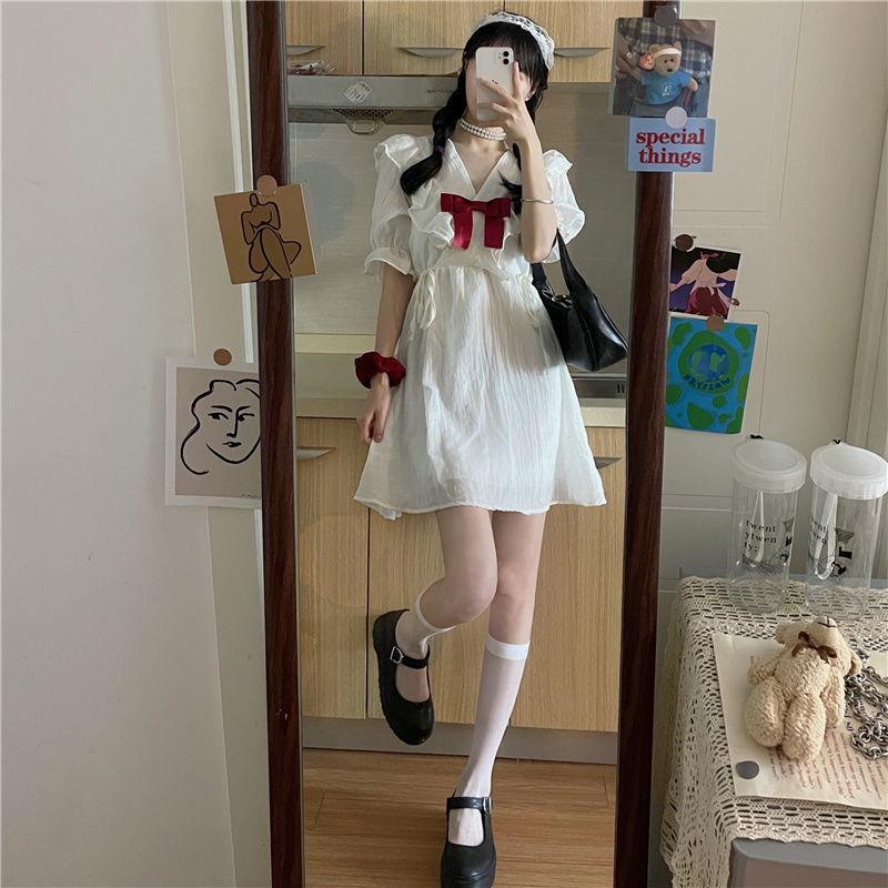 Women's Summer Dress Short Sleeve Sweet and Cute Bow Dress Summer Student White Chiffon Skirt Daily Wear Office Dating Party