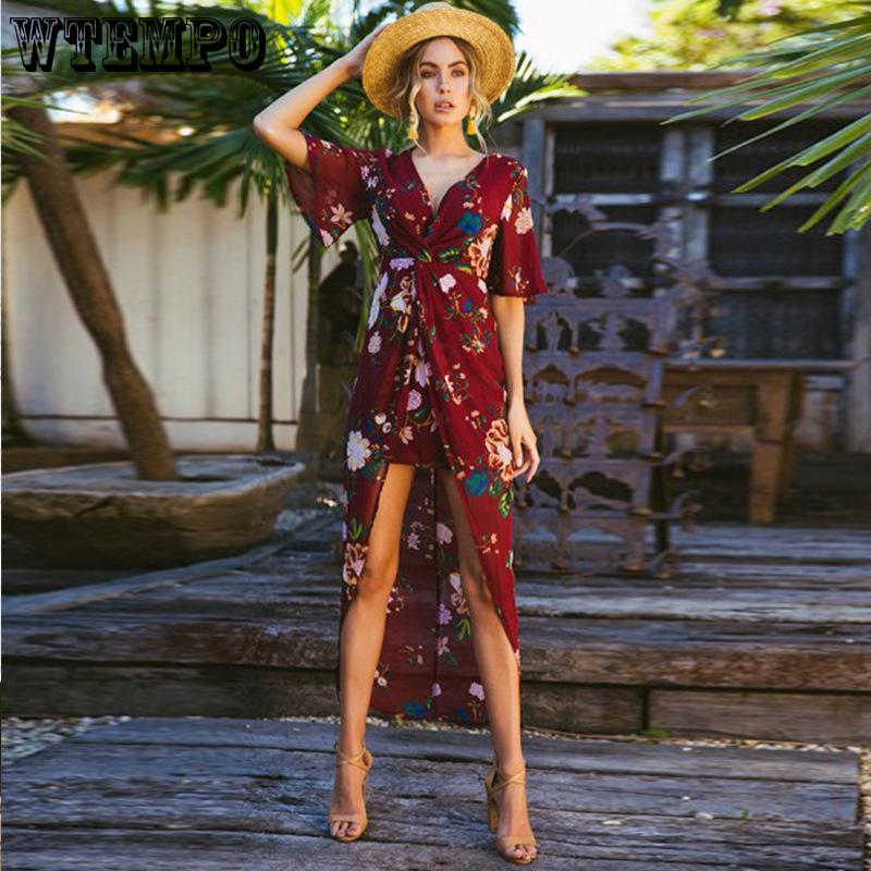 V-neck Chiffon Print Irregular Dovetail Split Bohemian Holiday Dress Long