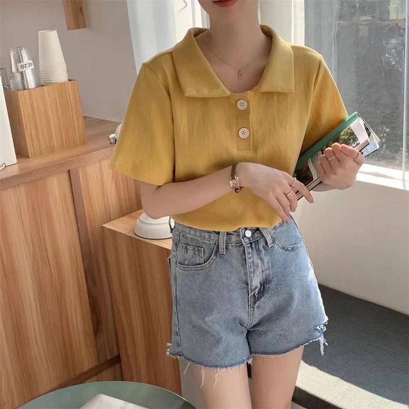 Short Sleeve T-Shirt Women Summer Loose Polo Collar Solid Color Top