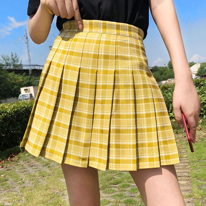 Summer Women Thin Sexy Anti-light Green Plaid Pleated Skirt Student High Waist Cute A-line Skirt