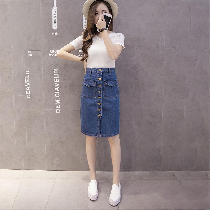 Women Sexy Solid Pocket Buttons Split Denim Skirt High Waist Above Knee Hip Skirt Casual Club Home Office