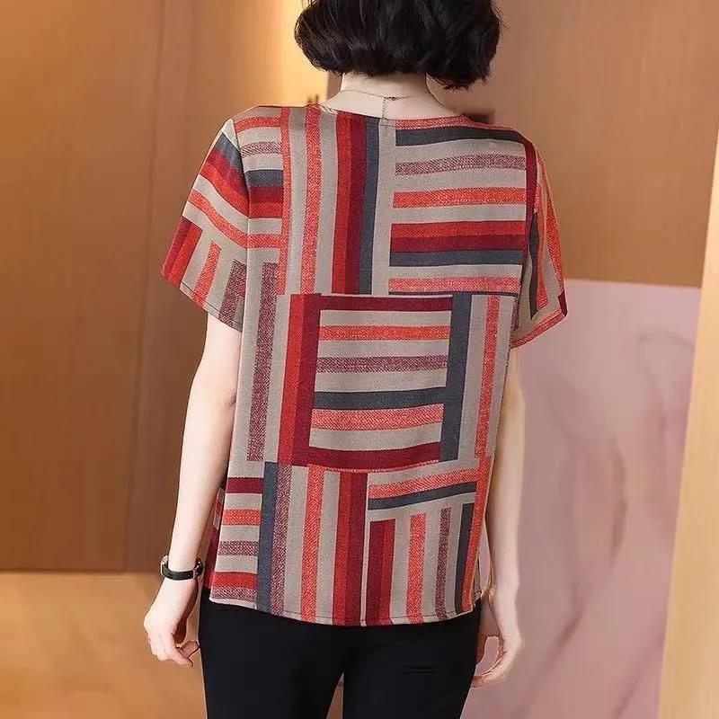 Loose Casual Top Short-sleeved T-shirt Women's Hit Color Age Thinner Summer New Irregular Striped Top Cool and Breathable