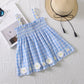 Children Dress Girls' Summer Thin Dress Suspender Dress Plaid Off Shoulder Chrysanthemum Princess Dress Ruffle