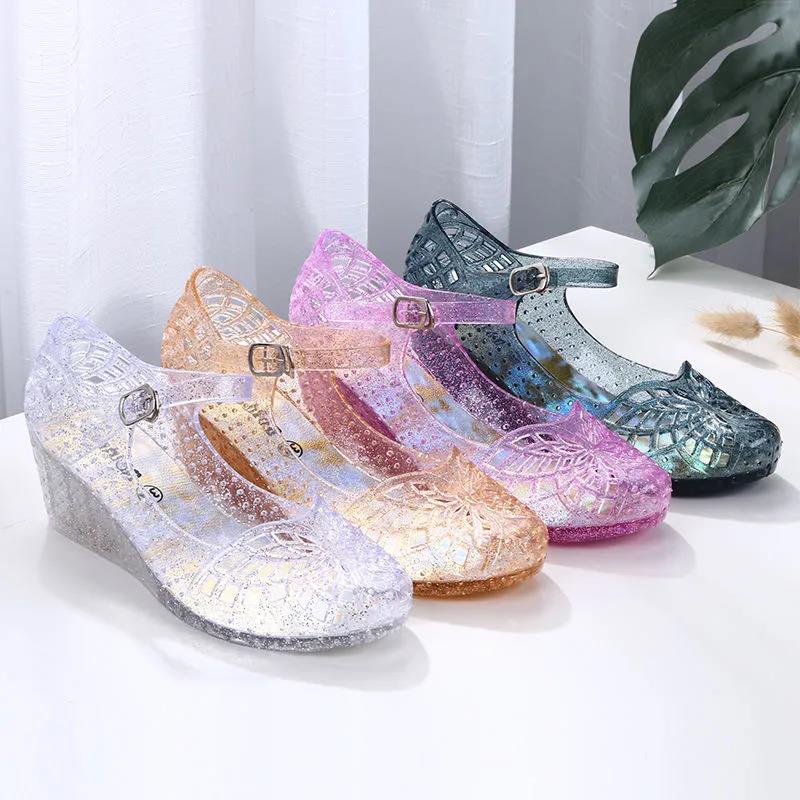 Sandals Women's Summer Baotou Slope with Non-slip Soft Bottom Breathable Hole Transparent Word with Crystal Jelly Shoes