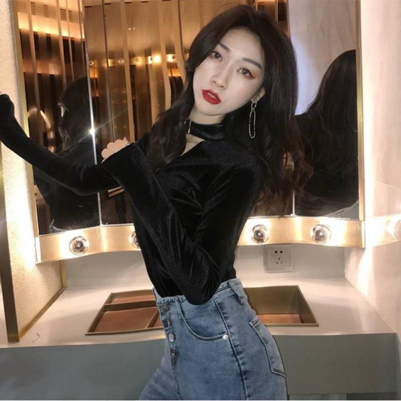 Pofulove V-neck Sexy Long Sleeve Gold Velvet T-Shirt Black Sweater Women Retro Slim Slim Deep