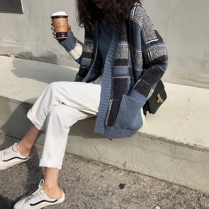 Retro Knit Cardigan Women's Loose Stitching Contrast Sweater Women's Fall Winter Top