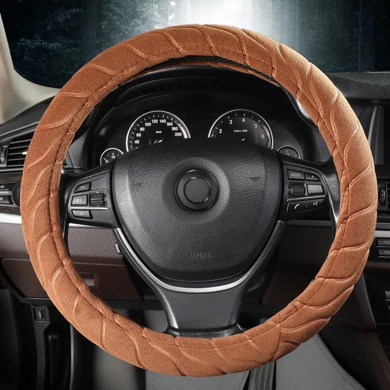 Winter Plush Car Steering Wheel Cover Non-slip Thermal Insulation Elastic Embossed Handle Cover Family Car SUV Truck Interior