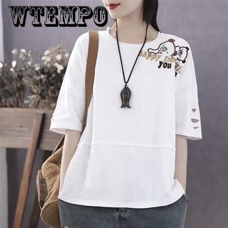 Fashion Womens Women's five-quarter sleeve stitching T-shirt Stitching Color Print Top T-shir