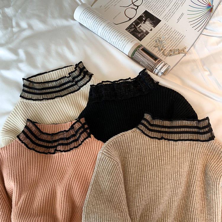 Lace Pullover Slim Sweater Female Long-sleeved Was Thin Inside Sweater Trumpet Sleeves