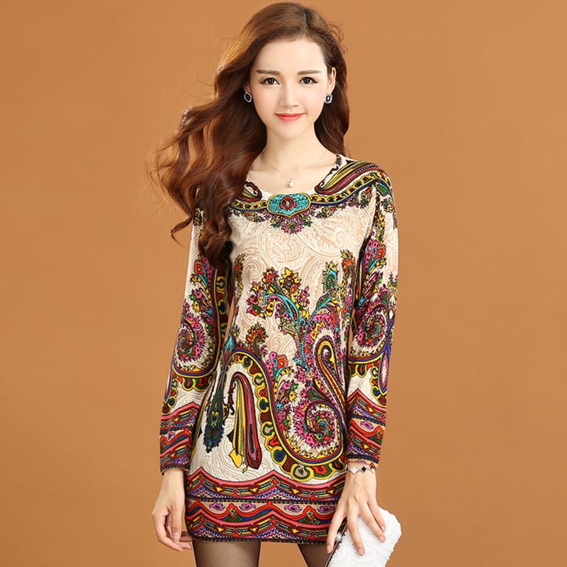 Vintage Printed Cashmere Sweater Women's Mid-length Wool Sweater Bottoming Outer Wear  Plus Size Slim Pullover Sweater Dress