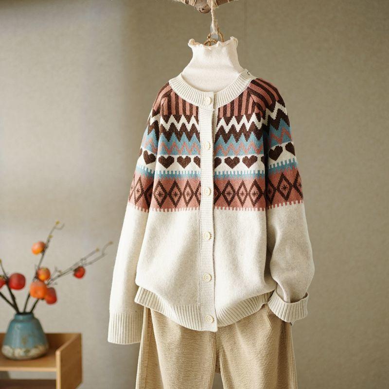 Retro Love Jacquard Round Neck Sweater Loose Ethnic Style Sweater Cardigan Jacket Long-sleeved Warm Casual Jacket