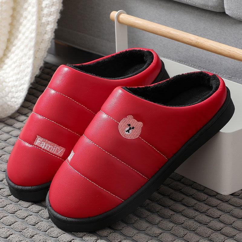 Cotton Slippers Women Winter Indoor Thick-soled Anti-skid Home Couple Models PU Surface Waterproof Warm and Velvet Slippers Men's Slippers
