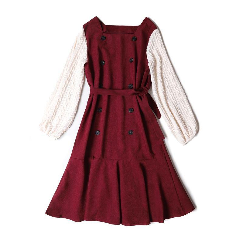 Large Size Dress Spring Dress Waist Waist Was Thin  Fake Two Pieces of Western Style Age-reducing French Retro Long Skirt