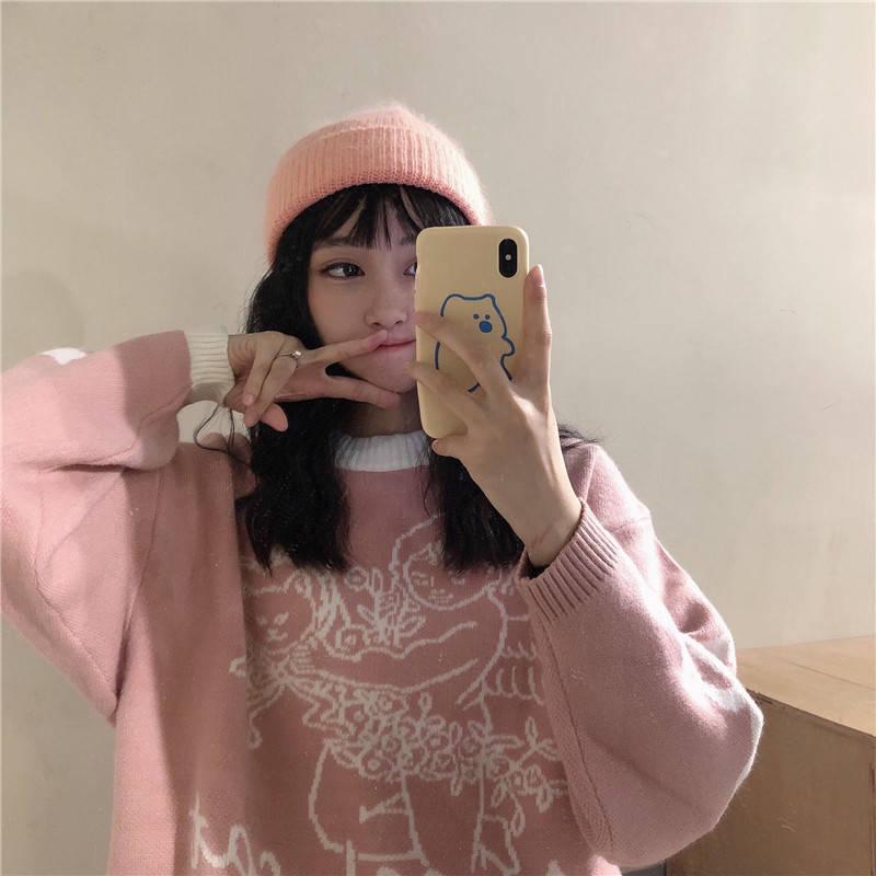 Pofulove Sweet Fresh Autumn Winter College Style Loose Hedging Round Neck Student Knitted Sweater