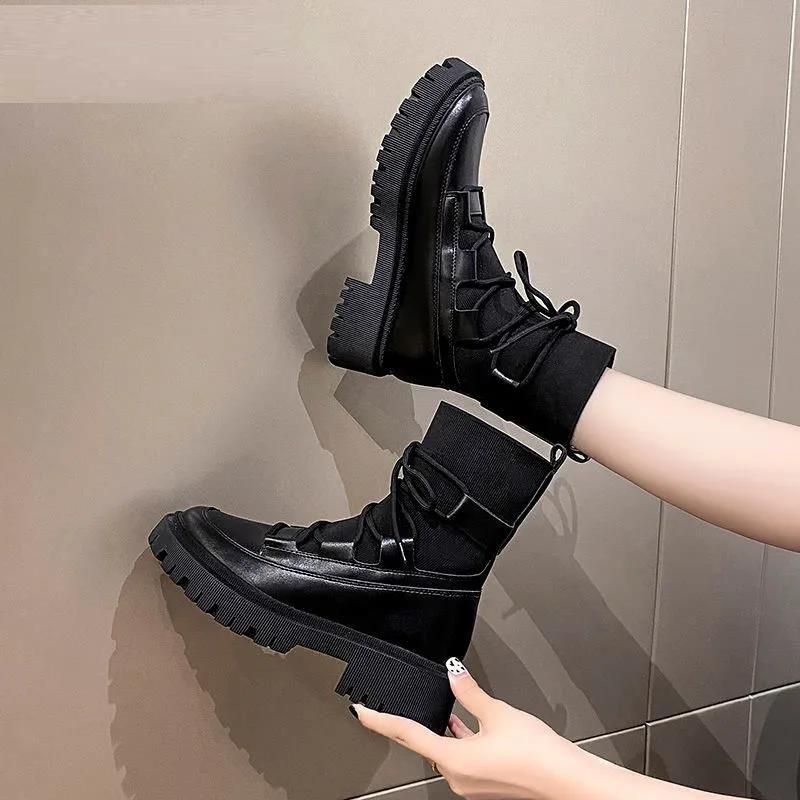 Martin Boots Summer and Autumn Thin Women's Boots Thick-soled Women's Boots Spring Single Boots Black Flying Knit Short Boots