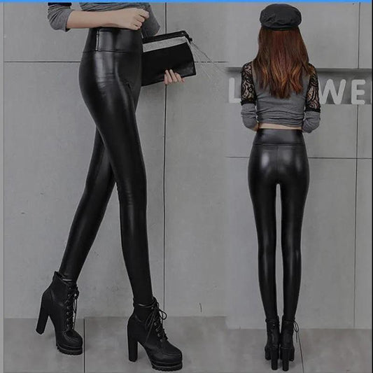 High-waist PU Leather Pants Women Plus Velvet Winter Plus Size Slim Slimming Tight Feet Leggings for Outer Wear