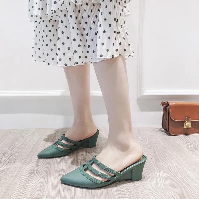 Summer Lazy Casual Fashion Thick Heel Sandals and Slippers Female Pointed Toe Korean Style Slope Heel Casual Shoes