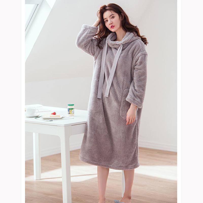 Spring Autumn Coral Fleece Pajamas Ladies Hooded Winter Cute Drawstring Loose Nightgown Bathrobe Women's Hoodies Home Outdoor Wear
