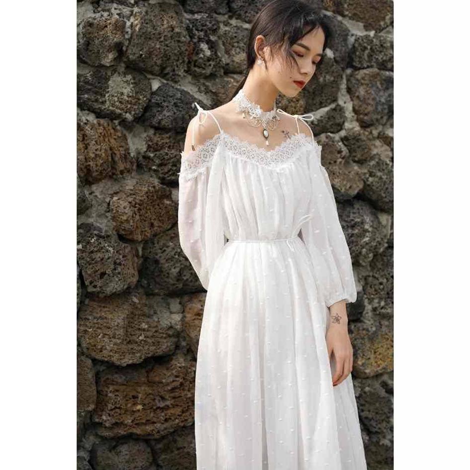 Sundress Lace Long Beach Dress Spagetti Strap Crochet Polka Dot Embroidery Sexy Boho Maxi Dress
