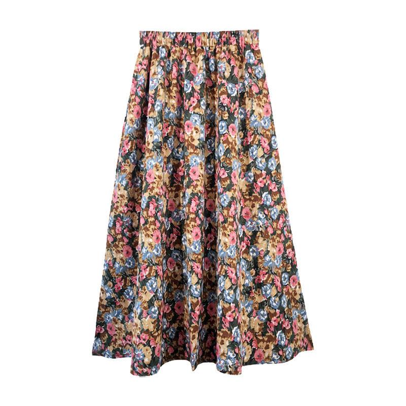 Floral Skirt Women Chiffon High Waist Long Skirt A-line Skirt Mid-length Floral Skirt Elastic Waistline Ladies Skirt Fabric Light and Breathable