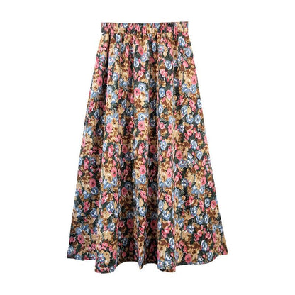 Floral Skirt Women Chiffon High Waist Long Skirt A-line Skirt Mid-length Floral Skirt Elastic Waistline Ladies Skirt Fabric Light and Breathable