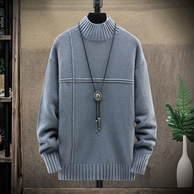 Men's Sweater Half Turtleneck Plus Fleece Thickening Autumn and Winter Youth Slim Trend Pullover Sweater