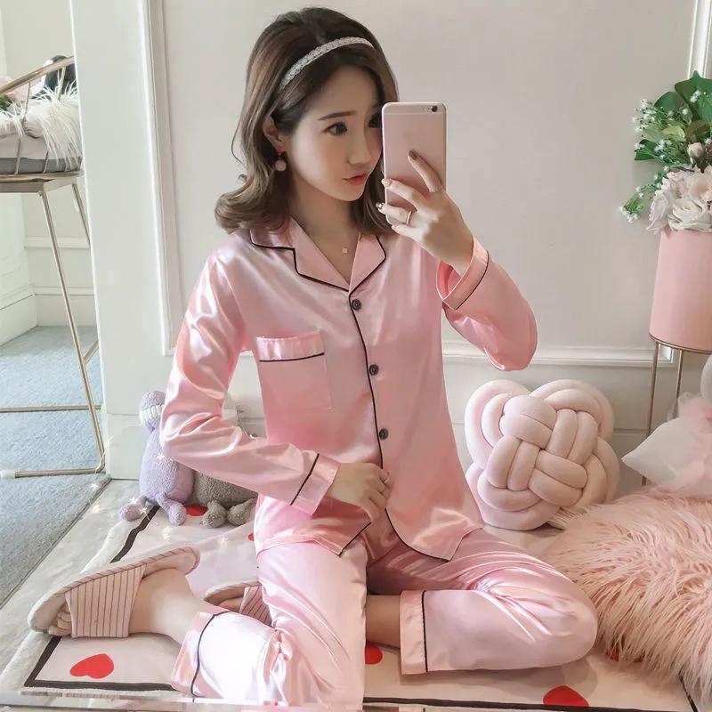 Women's Pajamas Set Spring Autumn Sleepwear Suit Silk Shirt Loose Casual Home Wear Long Sleeve Tops and Pants Suits Solid Plus Size M-5XL Nightwear