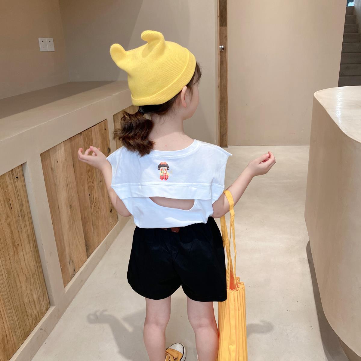 Summer Kids Cute Tops Korean Style T Shirts Girls' Short Sleeve T-shirt Open Back Printed Solid for Children Girls