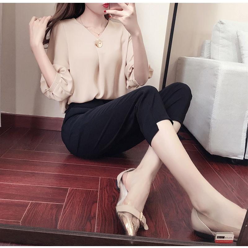 Work Suit V-neck Sleeve Shirt Temperament Suit Nine-point Pants Ladies Suit Casual Shirt Suit Pants Elegant and Temperament Work Suit