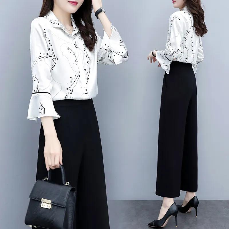Spring and Summer New Women's Suits Temperament Ladies Chiffon Bell-sleeved Shirts Tops Wide-leg Pants Two-piece Women's