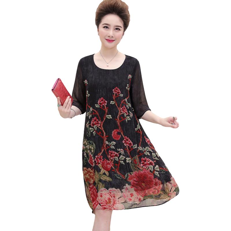 Middle-aged mother L-XXXXL Women's summer dressChiffon Veil Short sleeve Round neck printing Daily wear