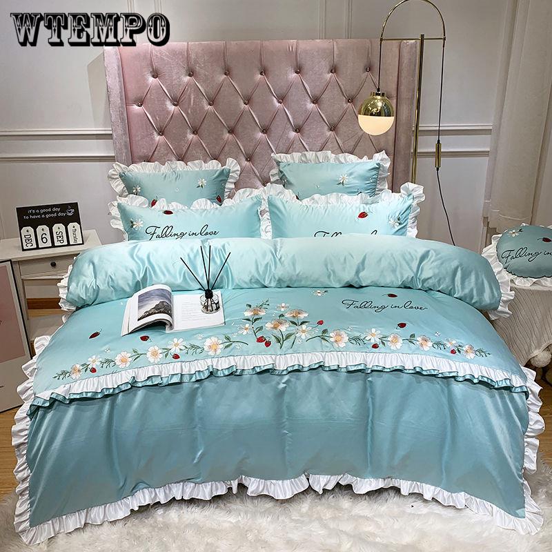 Cotton 4pcs Jacquard Silk Cotton Luxury Bedding Set King Size Queen Bedclothes Bed Skirt
