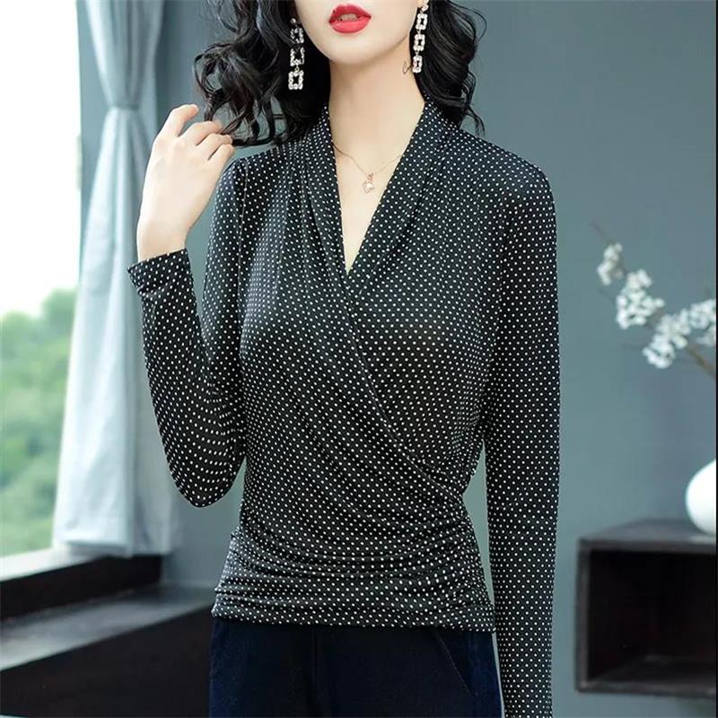 Women's Spring Autumn Style Blouse Shirt Women's Elegant Slim Temperament V-Neck Polka Dot Elegant Korean Tops Pullover