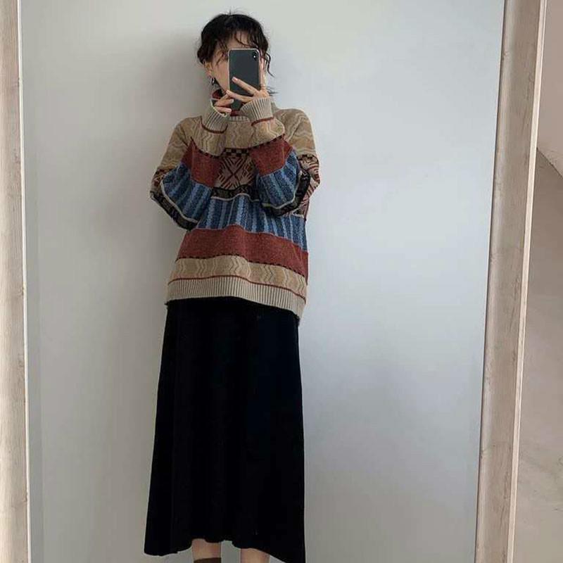 Women vintage Jacquard Knitted Sweater Ethnic Style Thick Warm Pullover Sweater coat Outer Wear Autumn Winter