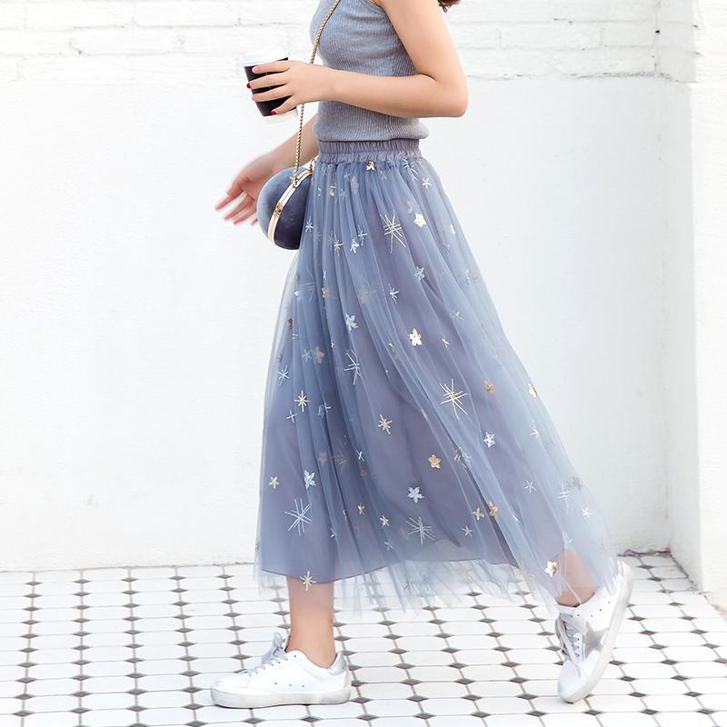 Spring Summer Vintage Skirt Womens Elastic High Waist Tulle Skirts Long Pleated Mesh Skirt