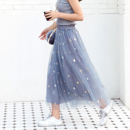 Spring Summer Vintage Skirt Womens Elastic High Waist Tulle Skirts Long Pleated Mesh Skirt