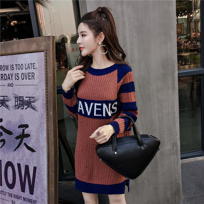 Autumn and Winter Mid-length Knit Sweater Letter Stripe Bottoming Dress Loose Pullover Long Sleeve Sweater